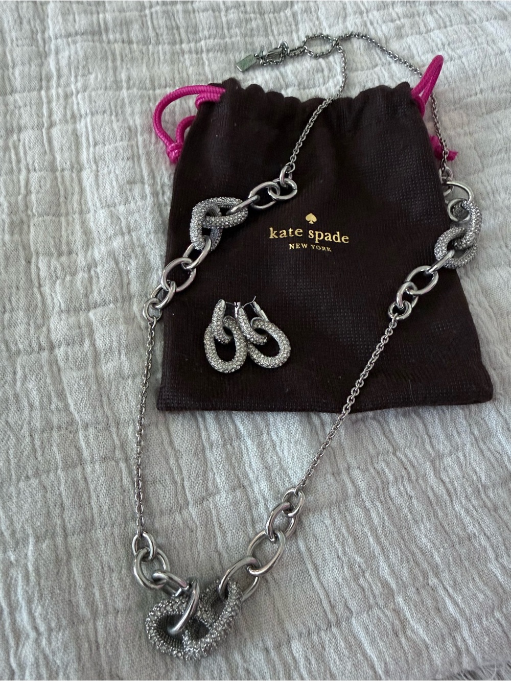 kate spade Silver Crystal Link Necklace and Hoop Earrings Set